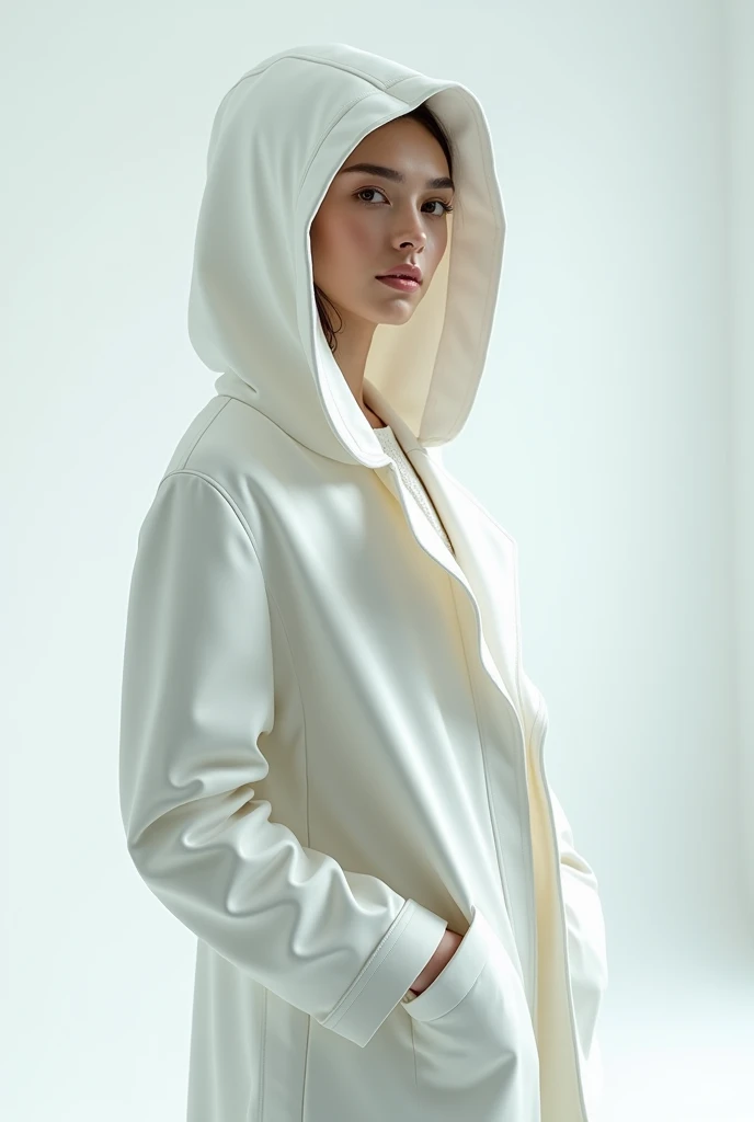 Full-body portrait of a female model in a white hooded coat, posed in a high-key studio environment, emphasizing the coat’s details with bright, diffuse lighting and a clean, white background, captured with the Nikon Z7 II, Kodak Ektachrome 100 film, 18-55mm zoom, with Film emulation color grading.