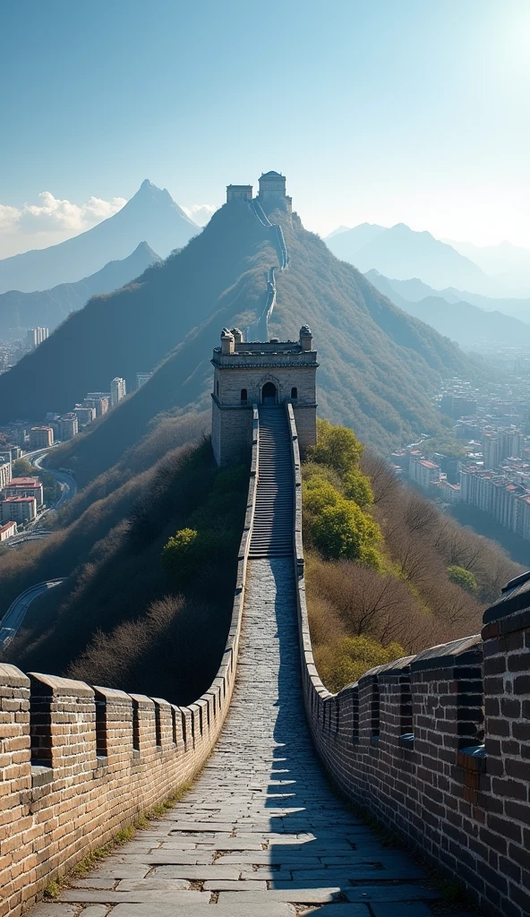 UHD, detailed, proud depiction of the Great Wall standing tall amidst modern-day China, under a clear, bright sky.
