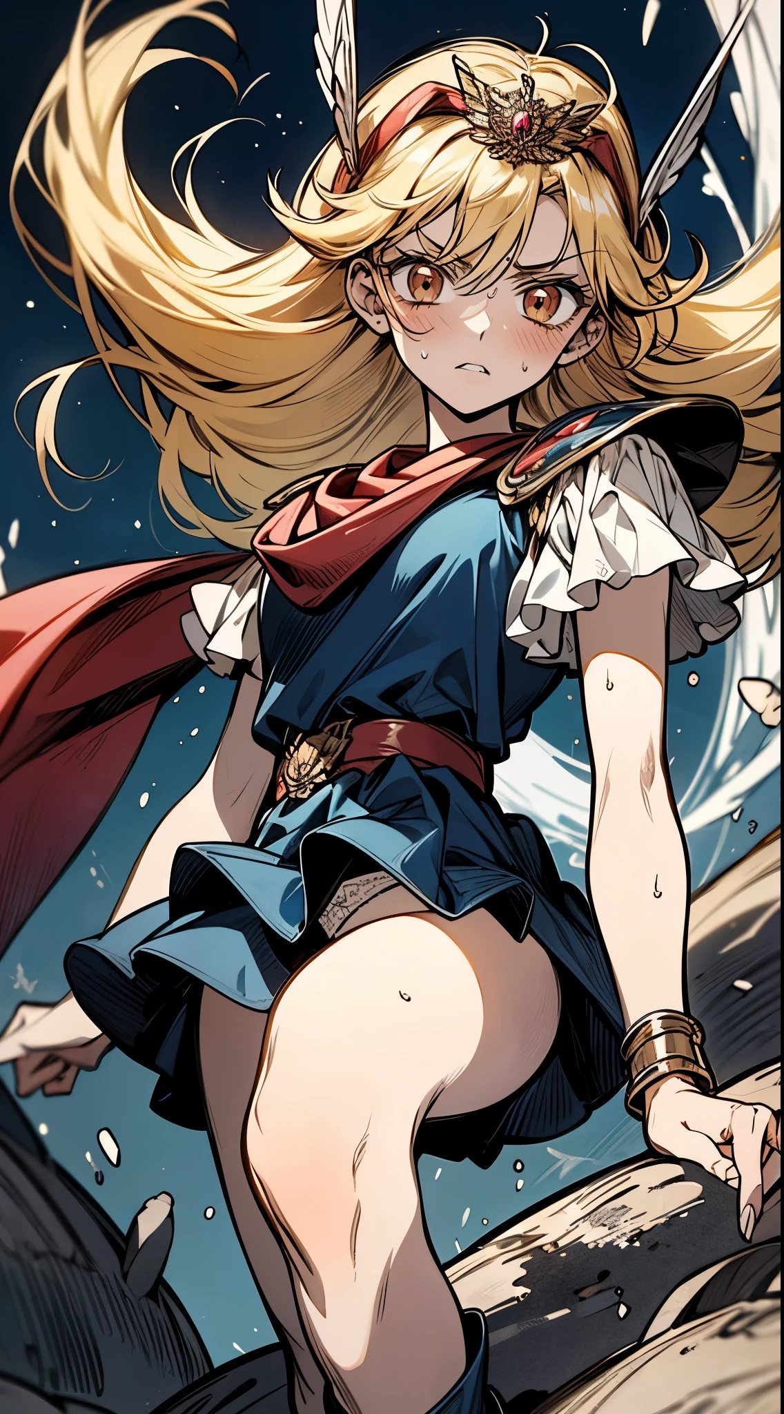 {{Gold Bracelet:1.6}},Shockwaves hit from below.,nsfw, white panties,{{{{knee to chest:1.6}}:1.6}},{{knee up:1.6}},{{masterpiece}}, {{{Highest quality}}},{{Very detailed}},{{Pain ,Suffering}},{{critical situation:1.6}},,{{from below:1.6}},{{Adult female}},,{{Fighting stance}},{{FIGHT:1.4}},Mature adult woman,{{from below:1.4}}, cowboy shot,foot focus, Dynamic composition,{{fight}} ,{{}}, , (Realistic, photo ), (reality: 1.4),{{masterpiece}}, {{{best quality}}},{{ultra-detailed}}, {{illustration}}(Beautiful and fine eyes)、slanted bangs、perfect cosplay,,1 girl,alone,magical princess,blonde hair,blue clothes,Blue skirt,brown eyes,feather hair band,long hair,pauldron,boots,red scarf,tiara,white shoes,{{Grit your teeth:1.4}},,{{v-shaped eyebrows}},Bad mood,blush,Sweat,raise one's eyebrows ,On a rock foundation