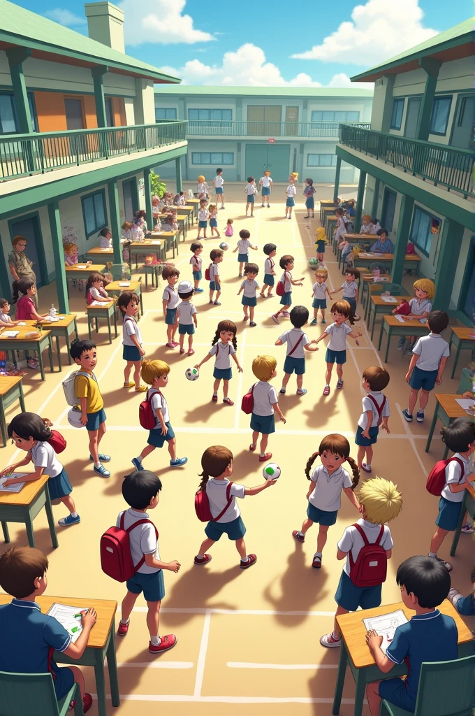Students are doing various activities in school such as playing sports, drawing, chatting, and jumping.
