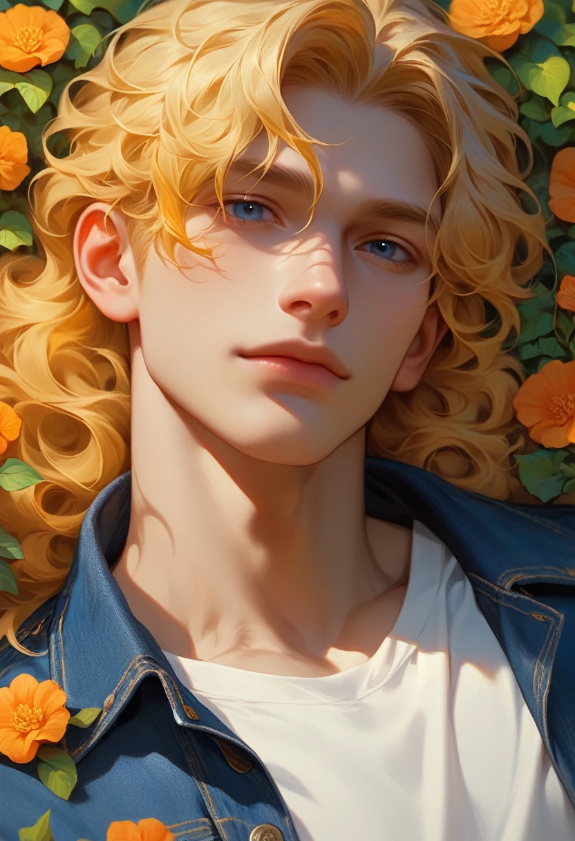 1man, wavy blonde hair, dark blue eyes, had white skin, wearing a denim jacket, Russian, muscular, laying in the orange marigold flowers bush, close up