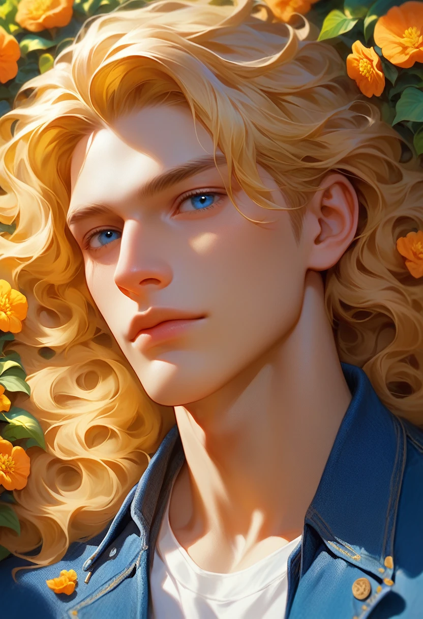 1man, wavy blonde hair, dark blue eyes, had white skin, wearing a denim jacket, Russian, muscular, laying in the orange marigold flowers bush, close up
