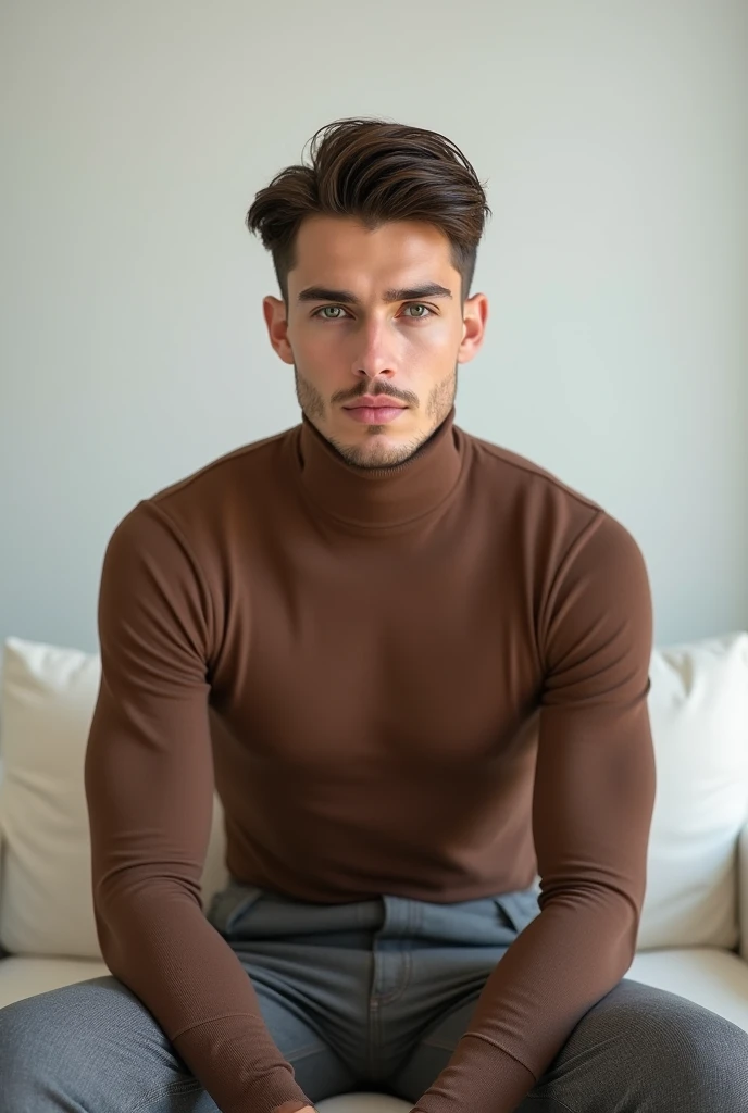 best qualityer:1.4), (ultra high resolution:1.2), (photorrealistic:1.4), (8k, CRU photo:1.2), 1 teenager of 20 years old, white skin color, with a smooth, beardless face, with short hair,  corte fade ou degradê, brown long sleeve turtleneck shirt, grey social pants, is sitting on a white sofa. the camera is focusing on your face. He has a seductive face for the camera. You are in a photography studio with a white background. There is no muscle training on both arms. the arms are thin 