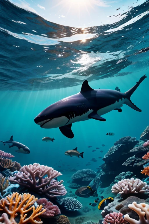 Giant Killer Whale, Giant Shark, Coral Reef, Underwater seascape, Crystal clear seawater, The sunlight shining on the waves, School of tropical fish, Vibrant marine life, Calm and tranquil underwater environment, Ultra-realistic, 8k, Realistic, Cinema Lighting, Stunning colors, masterpiece