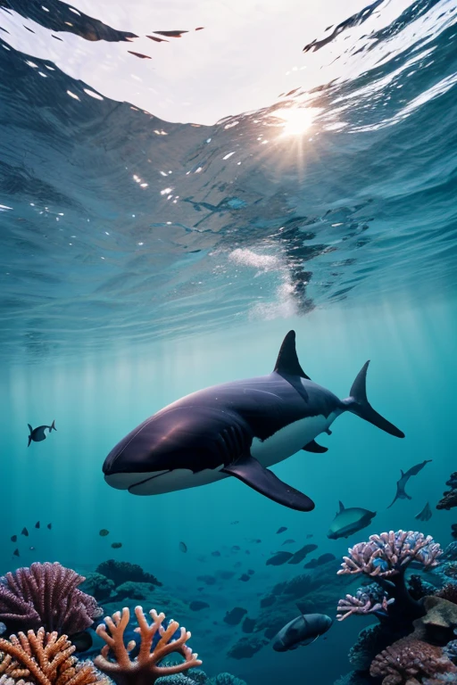 Giant Killer Whale, Giant Shark, Coral Reef, Underwater seascape, Crystal clear seawater, The sunlight shining on the waves, School of tropical fish, Vibrant marine life, Calm and tranquil underwater environment, Ultra-realistic, 8k, Realistic, Cinema Lighting, Stunning colors, masterpiece