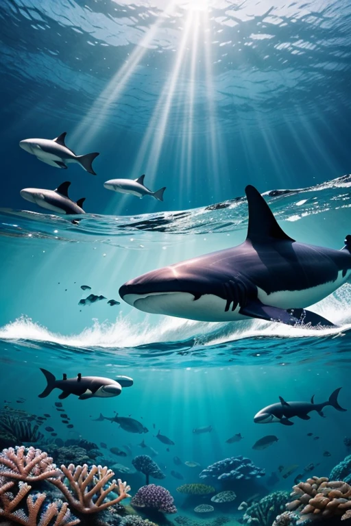 Giant Killer Whale, Giant Shark, Coral Reef, Underwater seascape, Crystal clear seawater, The sunlight shining on the waves, School of tropical fish, Vibrant marine life, Calm and tranquil underwater environment, Ultra-realistic, 8k, Realistic, Cinema Lighting, Stunning colors, masterpiece