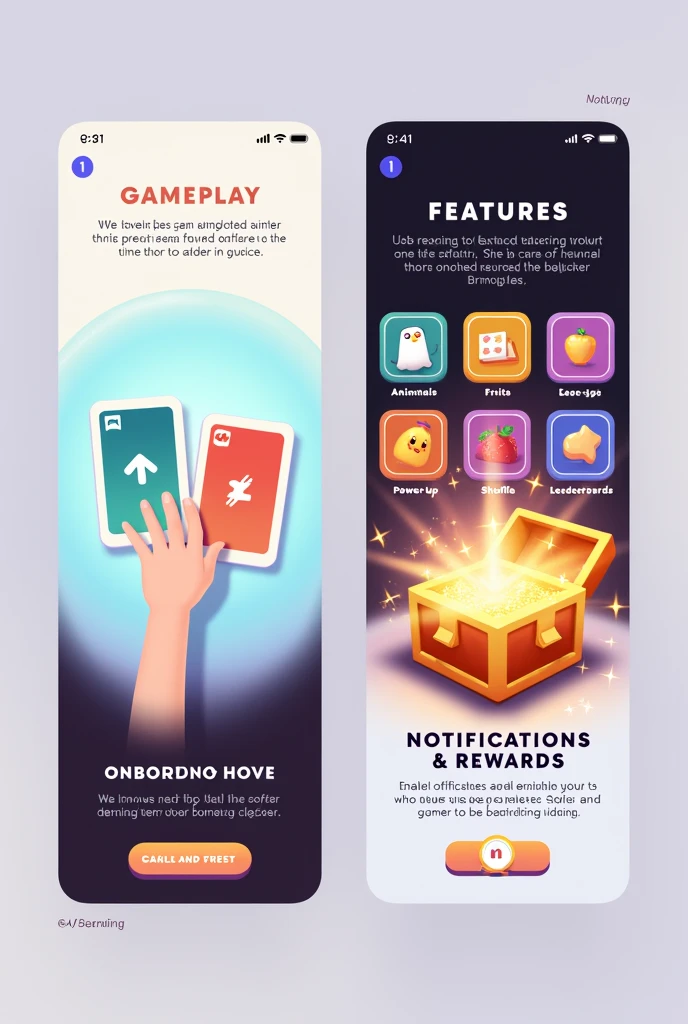"Create a series of three onboarding screens for the mobile memory game 'BrainDeck'. Each screen should have a clean, modern design with vibrant colors and visually appealing illustrations. The style should be playful yet sophisticated, with a focus on clarity and user engagement. Here are the details for each screen:

Onboarding Screen 1: Gameplay Introduction

Content: Illustrate a simple grid of cards with two cards being flipped over to reveal matching pairs. Show a finger icon tapping the cards to demonstrate the flipping action.
Text: 'Flip the cards and find the matching pairs!'
Design: Use a light background with a gradient effect. The cards should have rounded edges and a slight shadow to make them pop. Include subtle animations like sparkling effects on the matched cards.
Onboarding Screen 2: Features Highlight

Content: Display icons representing the game's features, such as different themes (e.g., animals, fruits), power-ups (e.g., hints, shuffle), and leaderboards.
Text: 'Unlock themes, use power-ups, and climb the leaderboards!'
Design: Arrange the icons in a visually balanced way with a dark background to make the icons stand out. Use bright colors for the icons to attract attention.
Onboarding Screen 3: Notifications & Rewards

Content: Show a gift box or treasure chest opening with sparkles coming out, symbolizing daily rewards. Include a notification bell icon to indicate notifications.
Text: 'Enable notifications for daily rewards and updates!'
Design: Use warm, welcoming colors like orange and yellow for the gift box, and place it against a soft, neutral background. Include a subtle glow around the notification bell.