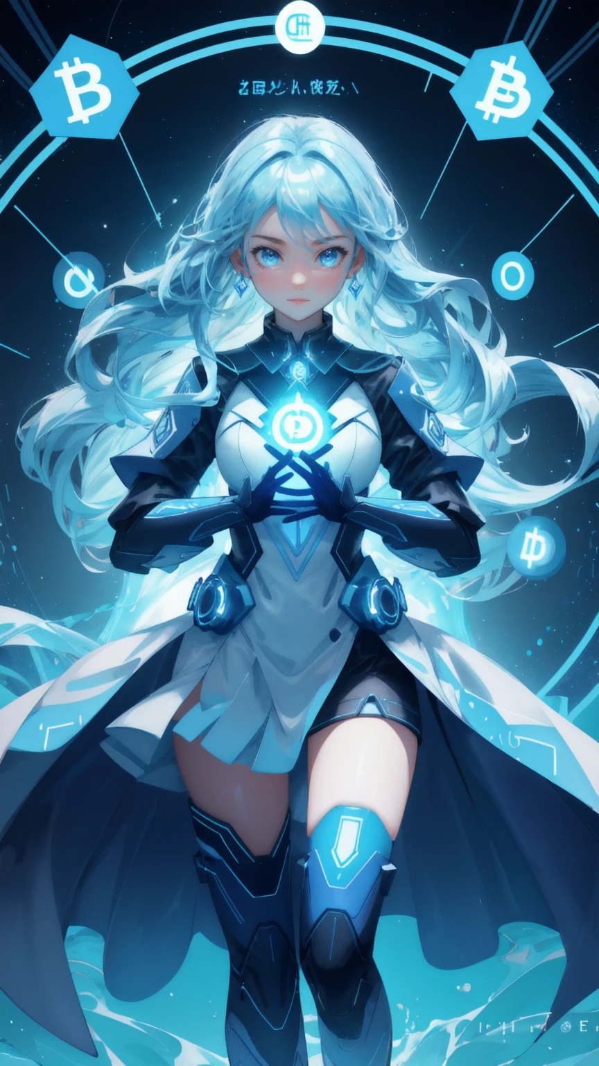 Design an image set in a high-tech, blue-themed environment, where a cute girl replaces the powerful energy figure. The girl should be made of flowing blue energy, with flames rising from her head and hands, and she should have a determined and confident expression, symbolizing control and mastery. Surround her with floating cryptocurrency symbols like Bitcoin and Ethereum. Beneath her, swirling waves of energy and water should create a sense of movement and power, representing the dynamic and interconnected world of CeDeFi. The background should feature circuit-like designs and digital elements, capturing the fusion of technology and finance.