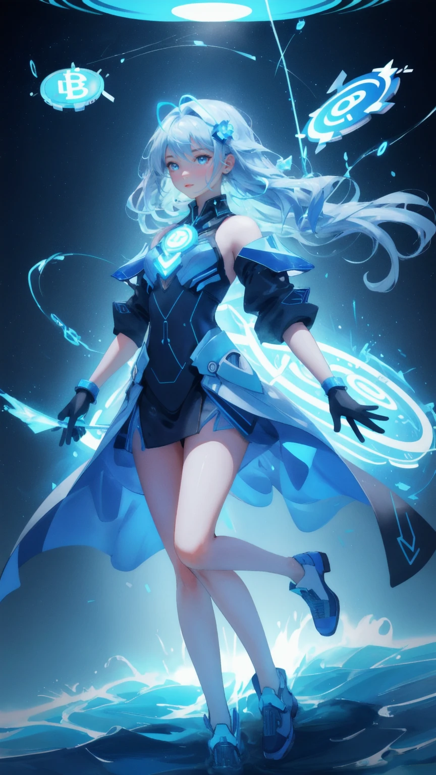 Design an image set in a high-tech, blue-themed environment, where a cute girl replaces the powerful energy figure. The girl should be made of flowing blue energy, with flames rising from her head and hands, and she should have a determined and confident expression, symbolizing control and mastery. Surround her with floating cryptocurrency symbols like Bitcoin and Ethereum. Beneath her, swirling waves of energy and water should create a sense of movement and power, representing the dynamic and interconnected world of CeDeFi. The background should feature circuit-like designs and digital elements, capturing the fusion of technology and finance.