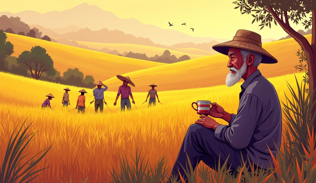 Vietnamese golden rice fields, many people harvesting rice, an old man sitting resting and drinking tea, minimalistic illustration, Meadows, in the style of cartoon-like characters, grainy, kidcore, violet and amber, piratepunk