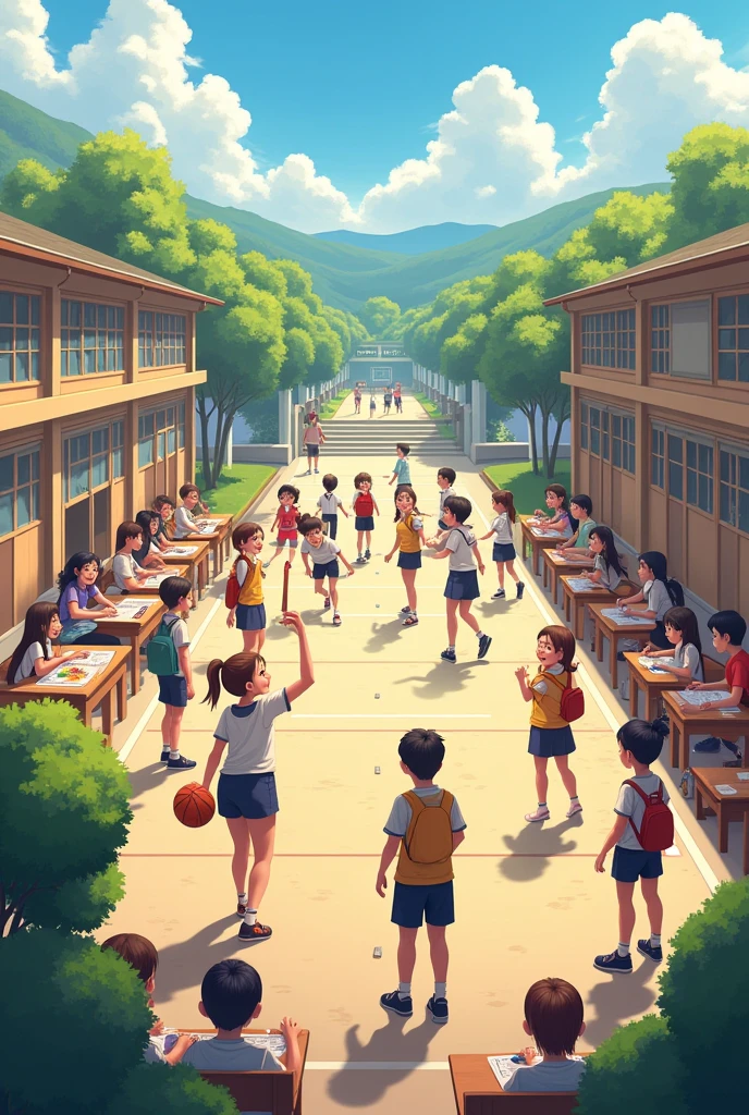 Students are doing various activities in school such as playing sports, drawing, chatting, and jumping.