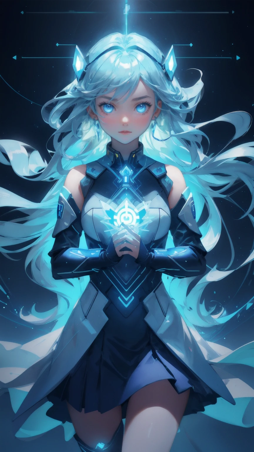 Generate an image with a futuristic, blue-tinted background, replacing the ethereal energy figure with a cute girl who exudes the same sense of power and flow. The girl should have a strong, focused expression, showing resolve and determination as blue flames emanate from her head and hands. She should be surrounded by floating cryptocurrency symbols such as Bitcoin and Ethereum. Below her, swirling waves of water and energy should emphasize the force of decentralized finance (CeDeFi), while the background includes digital circuitry and glowing nodes, blending the themes of technology, finance, and power.