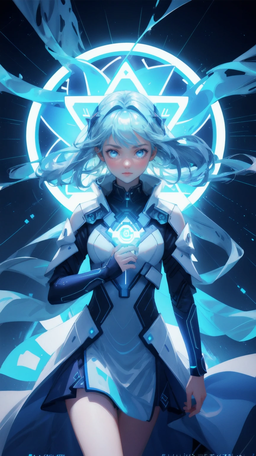 Generate an image with a futuristic, blue-tinted background, replacing the ethereal energy figure with a cute girl who exudes the same sense of power and flow. The girl should have a strong, focused expression, showing resolve and determination as blue flames emanate from her head and hands. She should be surrounded by floating cryptocurrency symbols such as Bitcoin and Ethereum. Below her, swirling waves of water and energy should emphasize the force of decentralized finance (CeDeFi), while the background includes digital circuitry and glowing nodes, blending the themes of technology, finance, and power.