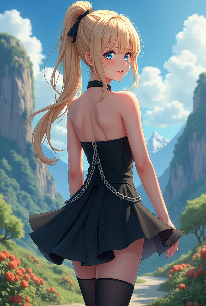 The best of Masterpiece on The Worldwide, the best of landscapes on worldwide, Improved quality, the best of shadow, High quality, Good anatomy, Healthy body, Whole fingers, Normal digits, HD quality image, fantasy, fantasy landscape, beautiful and cute girl, perfect girl, perfect white skin, perfect hairstyle, all perfect hairstyle, beautiful girl, perfect blond hair color, perfect deep blond hair color, perfect all hair accesories, perfect blue color eyes, highlight, perfect view, perfect body, full body( all body like head, nose, mouth, neck, shoulder, arm, hand, hips, thighs, legs, and feet on picture), all body shot, anime, waifu, collar with chain leash, blond hair, ponytail hair, hair bangs front, red eyes, black strapless dress, black cloack, black micro-mini skirt, black long stockings, black shoes, smile, from front view, from back view,