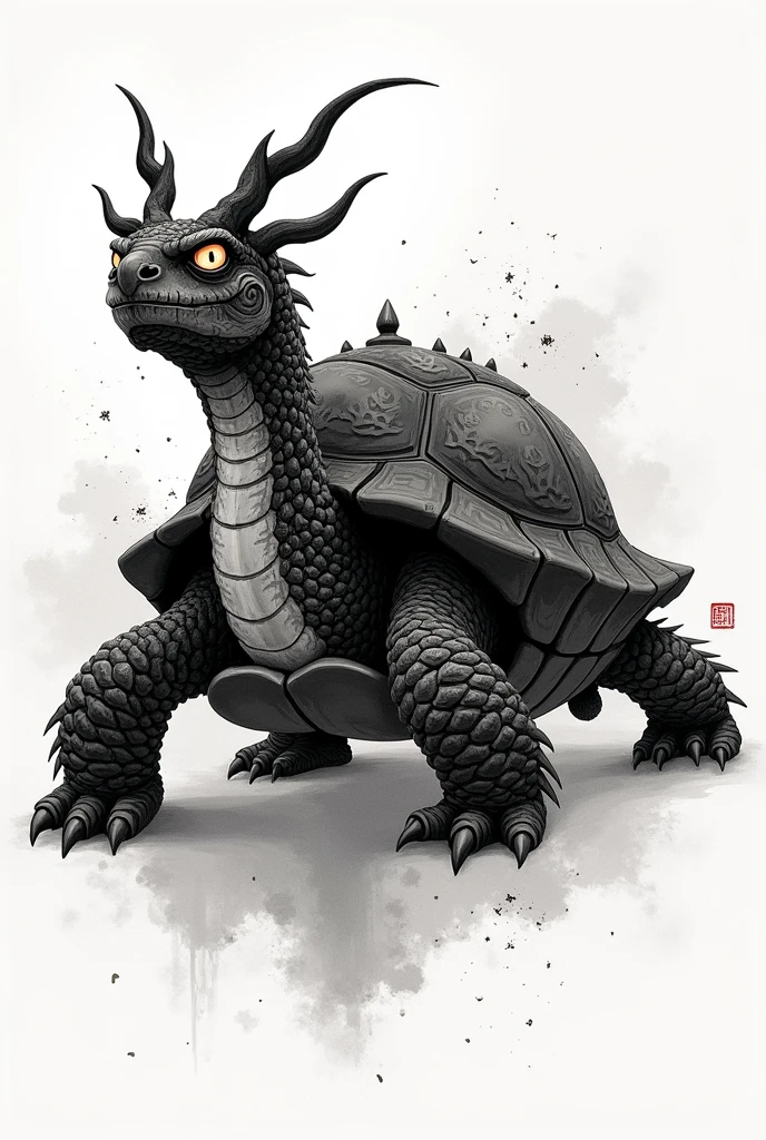 Doodle ink art of a dragonic black tortoise with chinese edo period style look non realistic