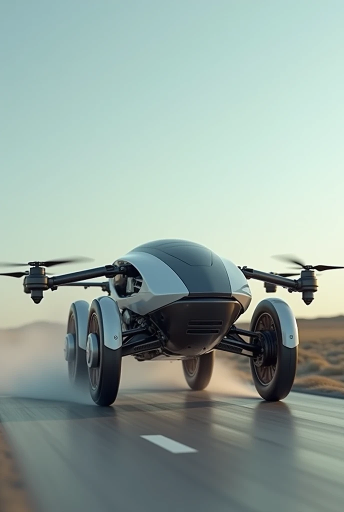 fusion of drones and motorcycles, flying motorcycle, four propellers, like a hovercraft, futuristic streamlined form