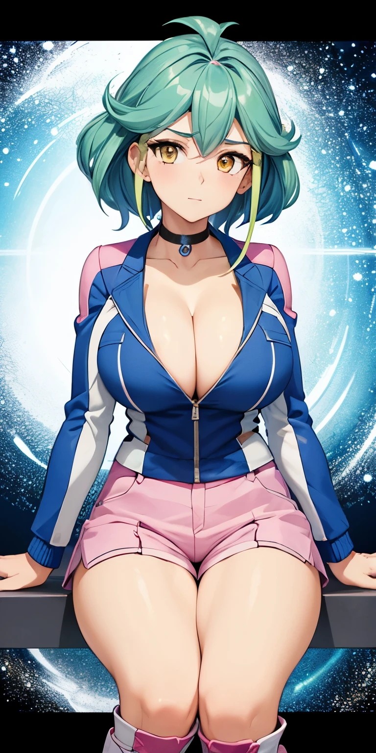 1 Female,High definition,high resolution,Ultra-realistic,8K, rin_arc_v,blue jacket,long sleeves,black choker,pink shorts,white thighs boots, multicolored hair,yellow eyes,European,sexy,Upper body close-up,Photographed from the front,Dynamic Angles,private teacher,blush, huge tits  , pretty  ,(pov , closed shot:1.3),cleavage