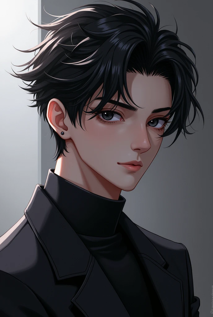Generate an image of a boy being extremely handsome and charming and having onyx eyes and spiky black hair with only one single lock of hair hanging down his forehead.