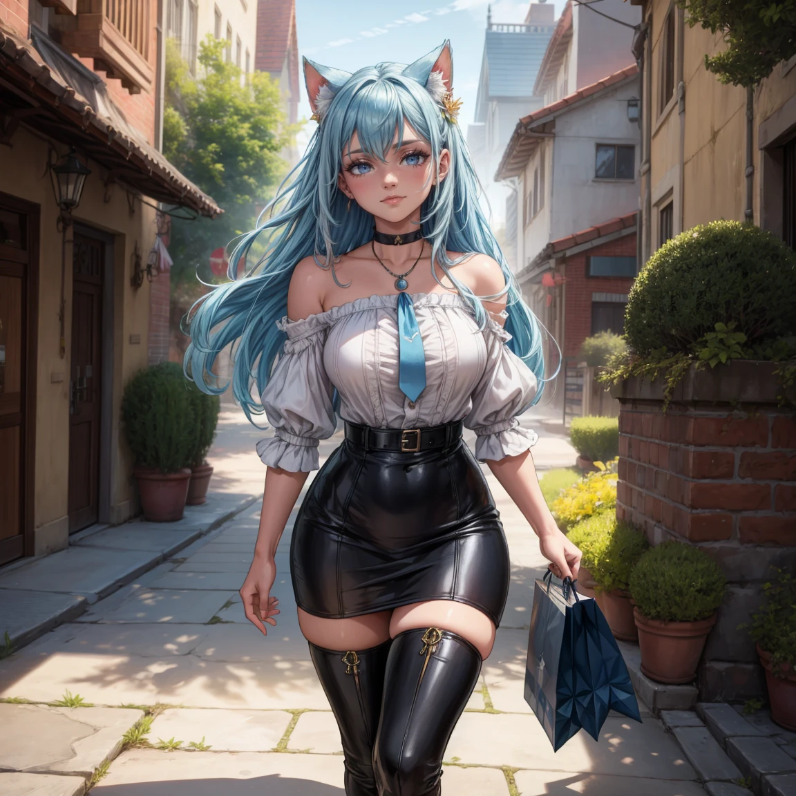Masterpiece, beautiful art, 8k, art style by sciamano240, very detailed face, detailed hair, detailed clothes, detailed fabric, 1girl, beautiful face, long hair, light blue hair , model head shot, facing camera, very detailed blue cat eyes, sultry smile, wearing classy fall clothes, black dior thigh boots, black pencil skirt, walking , out shopping, necklace, chocker, rosey cheeks, sunny fall setting, full body view, photorealistic, indirect lighting, volumetric light, ray tracing, hyper-detailed, best quality, ultra-high resolution, HDR, (8k, Best Quality, Masterpiece:1.2), Ultra Detail, RAW Photo, Super Resolution, Professional Photo, Extremely Detailed and Beautiful, lot of drool, sweat, belly inflation