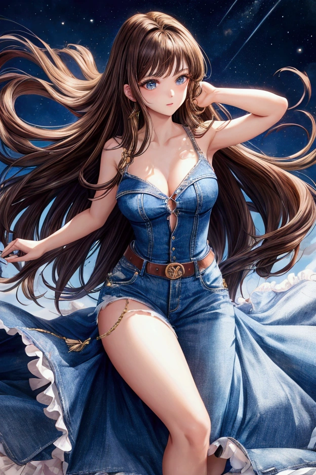 masterpiece, Highest quality, 1 person, Brunette Hair, Exposing shoulders, Long Hair, dress, Denim Shot, Dynamic pose, Dynamic Angle,