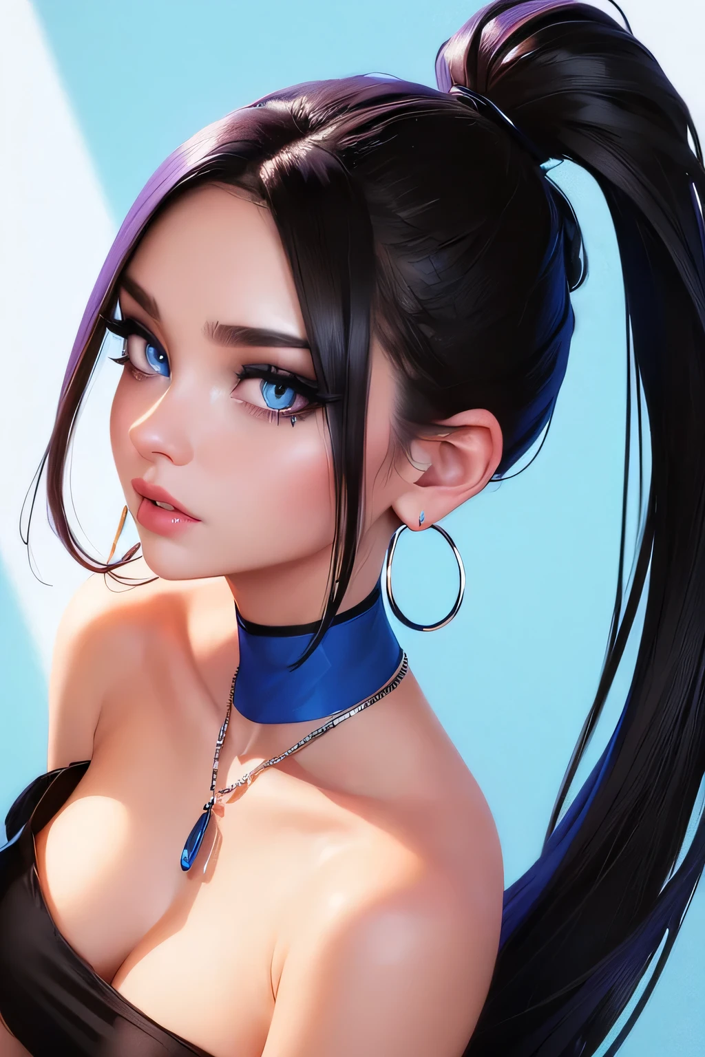 Amazing portrait of a sexy woman with a beautiful face covered with makeup with blue eye shadow and blue eyeliner emphasizing her seductive eyes and her long black hair in a long ponytail wearing a small blue necklace and silver hoop earrings and a short blue strapless top showcasing her bare shoulders and midriff paired with long blue bell bottom leggings and high heels