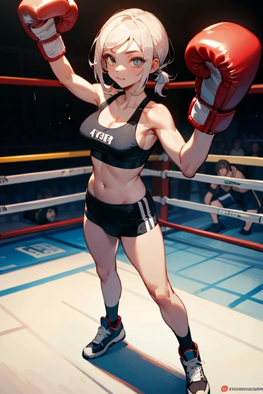 high quality,HD,16,000,sharp lines, 1 girl, full body photo, female professional boxer ,Cute face, big bust, At the boxing gym, standing pose, detailed beautiful face,Detailed clothes, boxing gloves, Sports bra, Boxing trunks, Boxing shoes, beautiful eyes