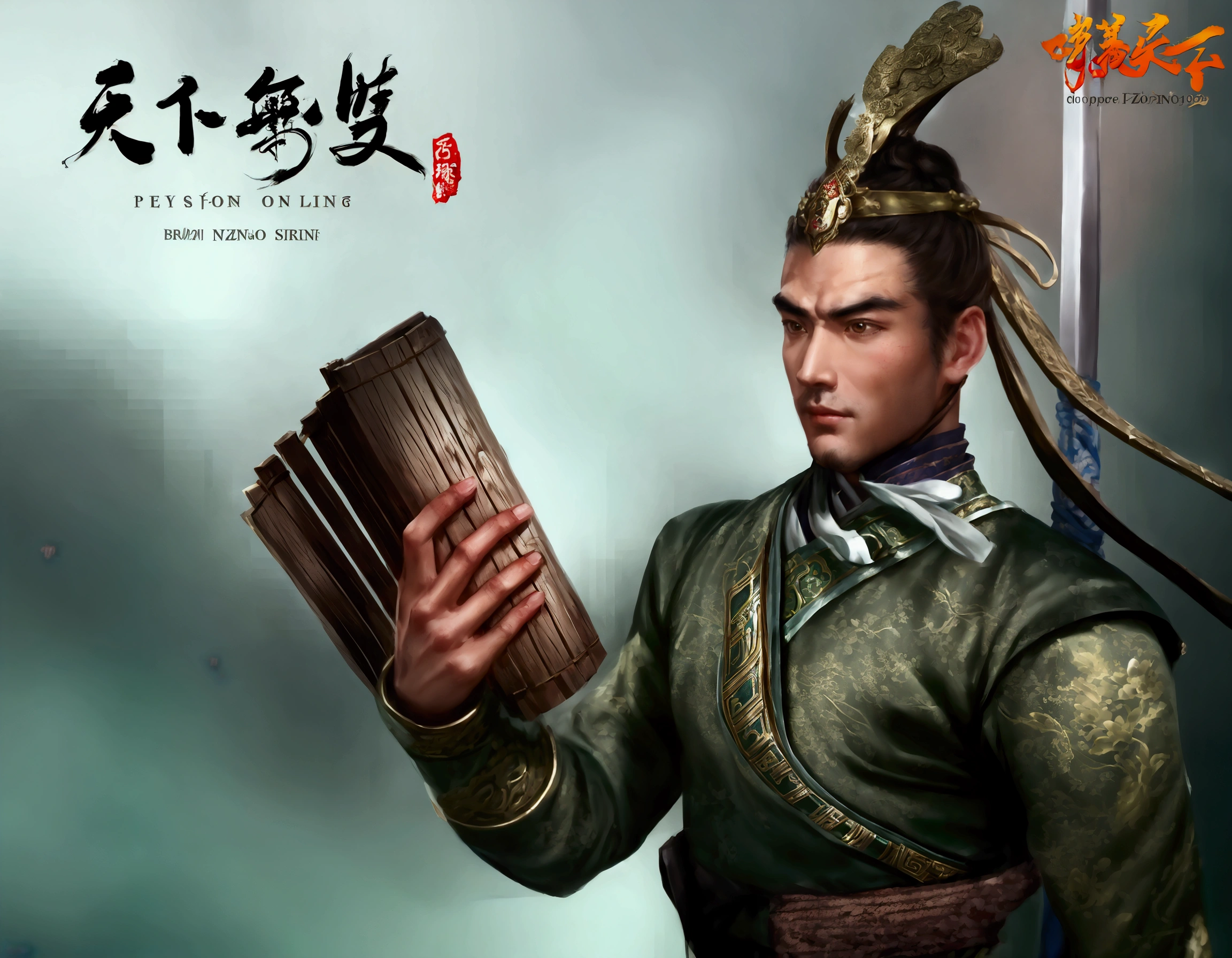 Close-up of a person holding a wooden object with his hands, zhao yun, Dynasty Warriors, Inspired by Zhao Yuan, heise jinyao, guan yu, Inspired by Dong Yuan, Inspired by Huang Shen, Game CG, Inspired by Li Kan, Inspired by Hu Zaobin, inspired by Du Jin, Full body martial arts, bian lian
