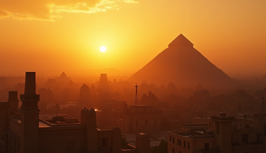 Cinematic photography of ancient Babylon, capturing a majestic view of the city with the ziggurat prominently in the background, at sunset, with dramatic lighting casting long shadows, in warm, earthy tones, with a high-angle shot using the Arri Alexa Mini LF, Kodak Portra 400 film, 24-70mm zoom, with Vintage color grading.