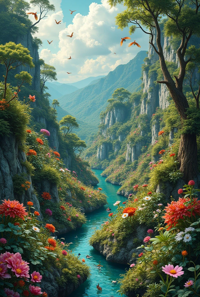 A picture of a vibrant ecosystem, filled with plants, animals and insects, with an exaggeratedly chaotic and disorganized part of the ecosystem.