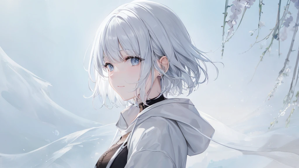 Open your mouth、Flower Field、Her eyes were shining、Mysterious and enchanting atmosphere。With AI Painting、とてもshort hair, Long bangs between the eyes, Very detailed,(masterpiece、Highest quality)、alone、Gray Hair、Fantasy, Silver Hair, Fantasyな風景、smile、Open your mouth、short hair、short hair、hairpin、black eye、Grey Eyes、Beautiful Eyes、Black Shirt、White hoodie