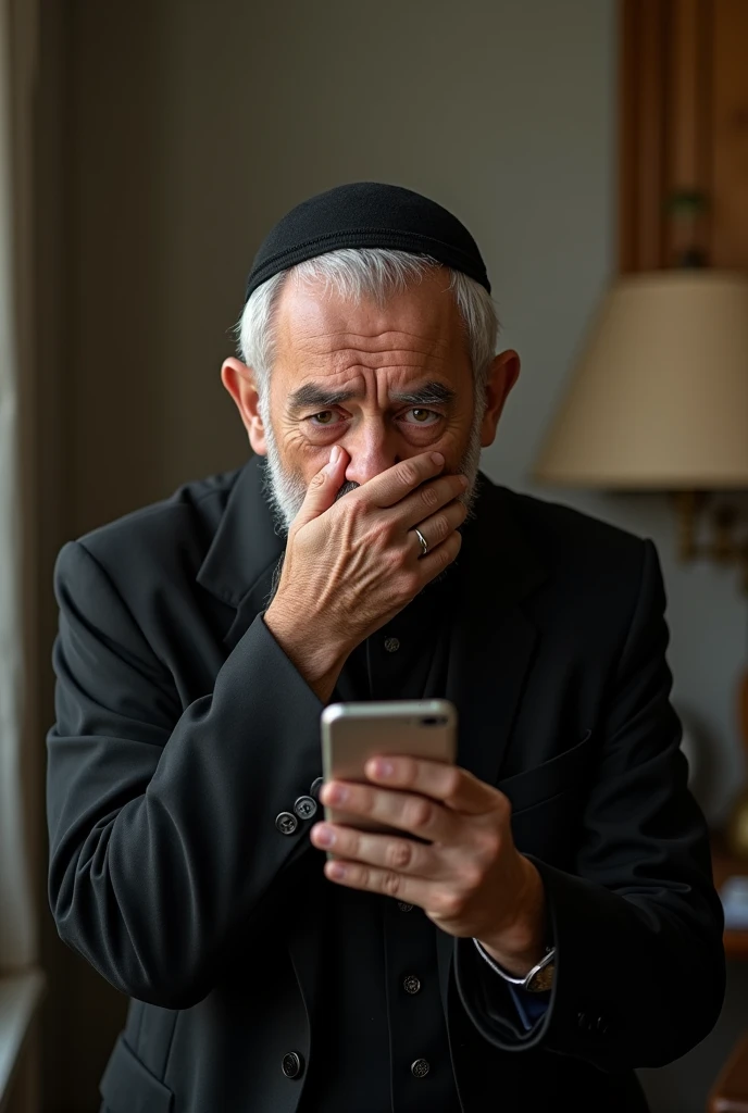 Jew very shook hand in front of mouth and holding phone looking at phone