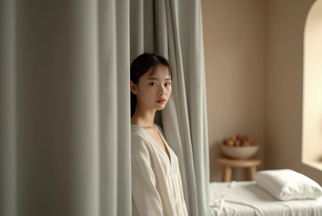 A girl looks out of a gray curtain, massage room in beige tones, spa, minimalism, unreal engine, 8k, gray and beige tone, dark colors, fantasy, concept art, realism, airy, detailed, cinematic