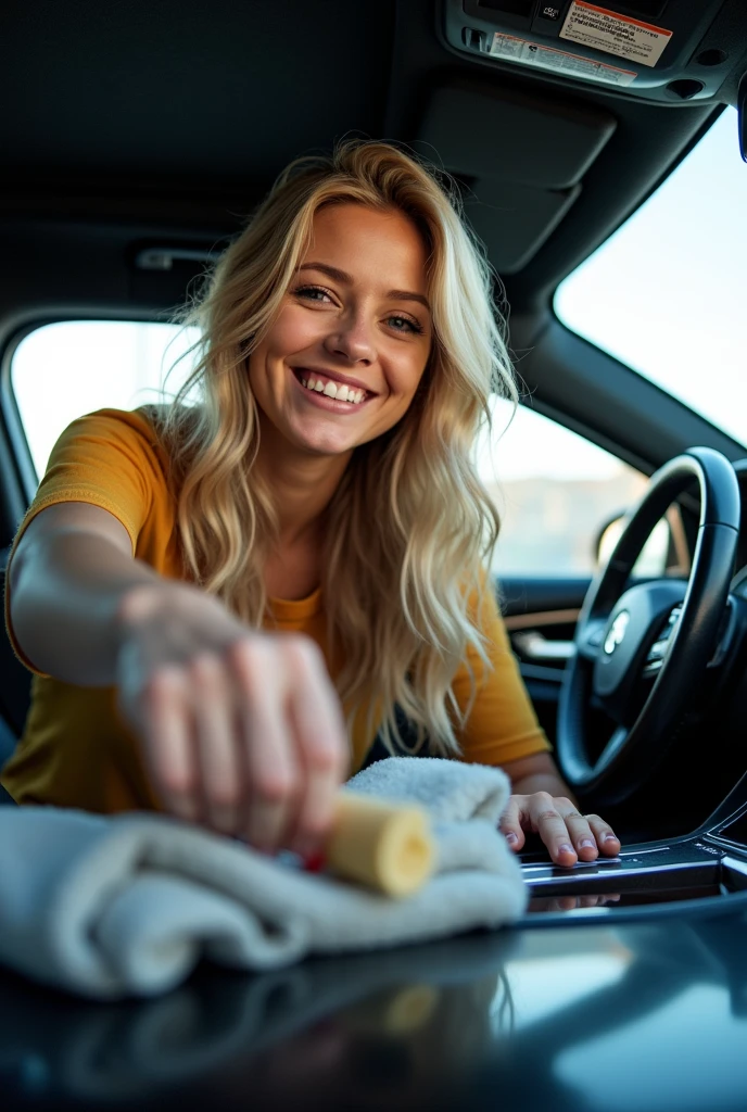 Wide angle fisheye lens image of a Brazilian woman, blonde, doing an interior cleaning on a luxury car, with a small brush, she smiles as she runs the brush over the car dashboard. 