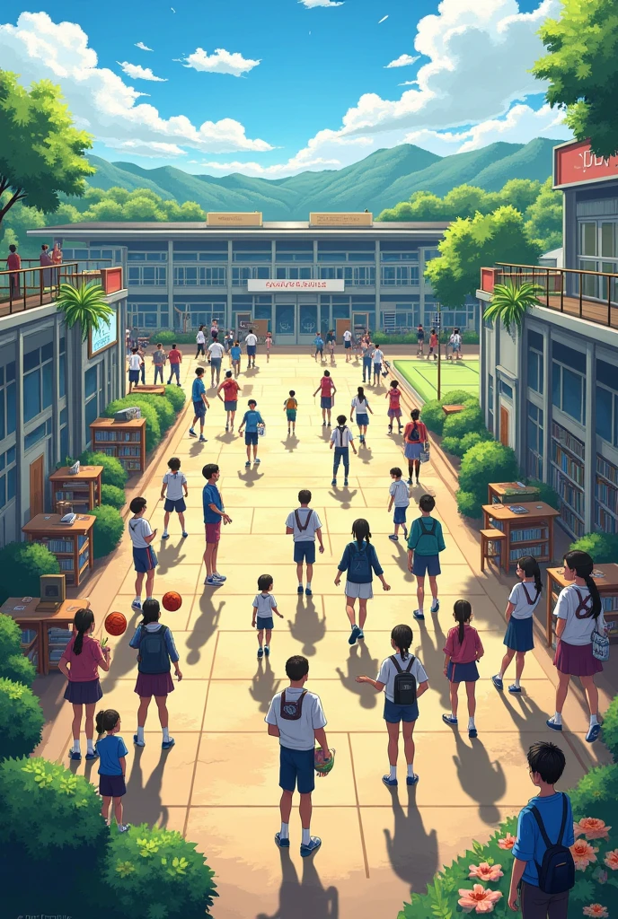 School layout showing students doing various activities in school such as playing sports, drawing, chatting, and jumping.