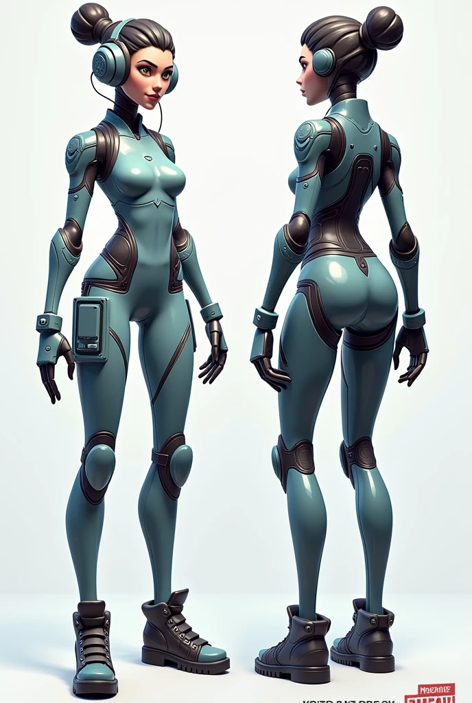 stylized style, Fortnite style female character concept, full body back and front view, robot detailed face with round eyes