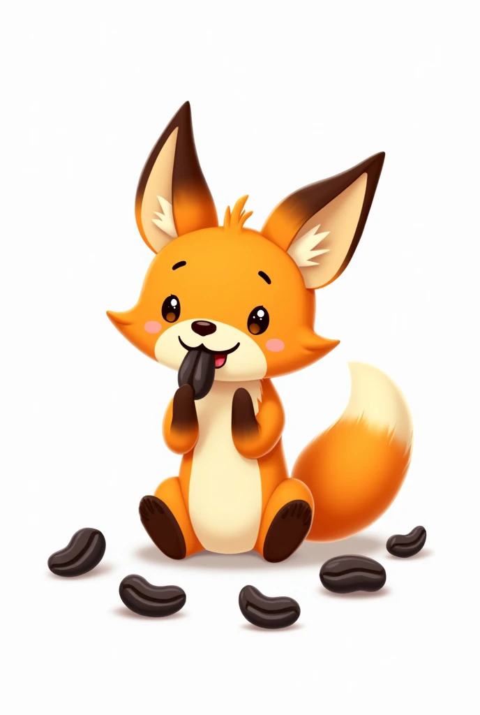 A playful and slightly cartoonish image of a Zorrito (a small, fox-like animal) sitting beside a stash of black peanut kernels. The Zorrito is eating one of the kernels, with a content and satisfied expression on its face. The setting is natural with white background, but the focus is on the Zorrito and the small kernels of black peanuts. The overall tone of the image should be light-hearted and friendly, with bright, inviting colors.