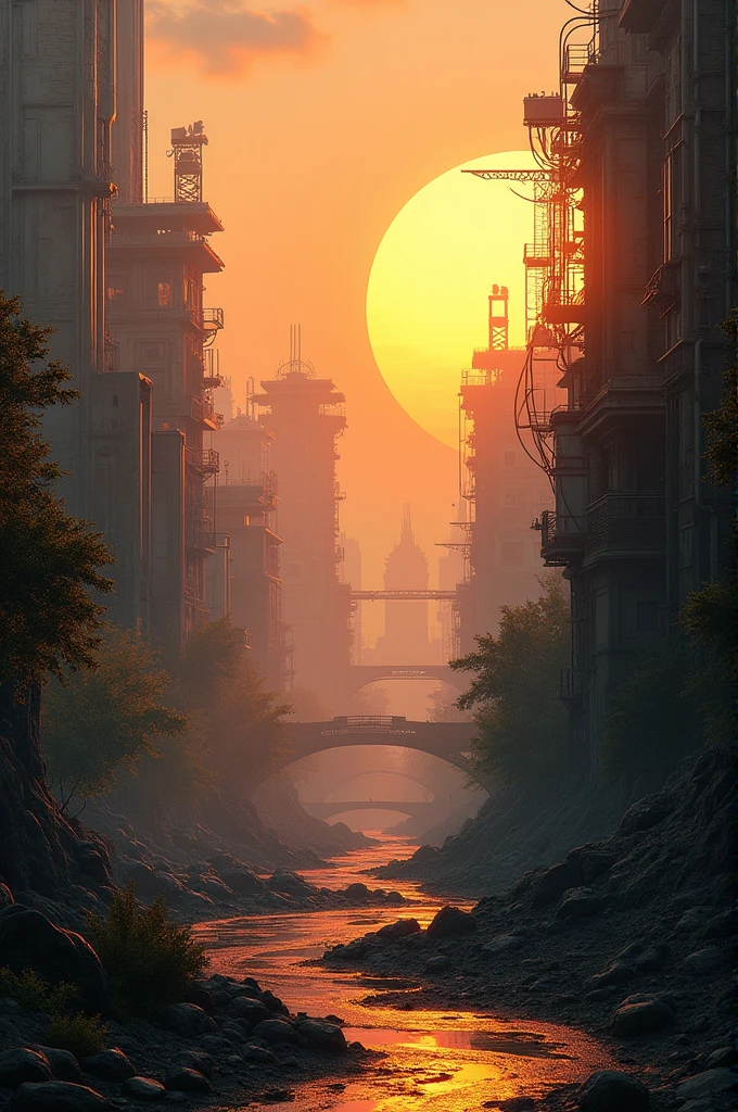 Beautiful, Masterpiece, Best Quality, Create a game environment for a futuristic, war-damaged city where advanced technology and old traditional architecture blend together. The scene should feature destroyed buildings, remnants of high-tech machinery, and elements of fantasy, all mixed with realism. Overgrown nature and damaged rainforests should be reclaiming parts of the city, with dark, dystopian zones indicating drug mafia strongholds and areas affected by nuclear fallout. The climate is a sunrise setting, casting an eerie, warm glow over the scene, creating a dangerous yet captivating atmosphere perfect for a shooting game centered on gang wars, where clans fight for control area by area.