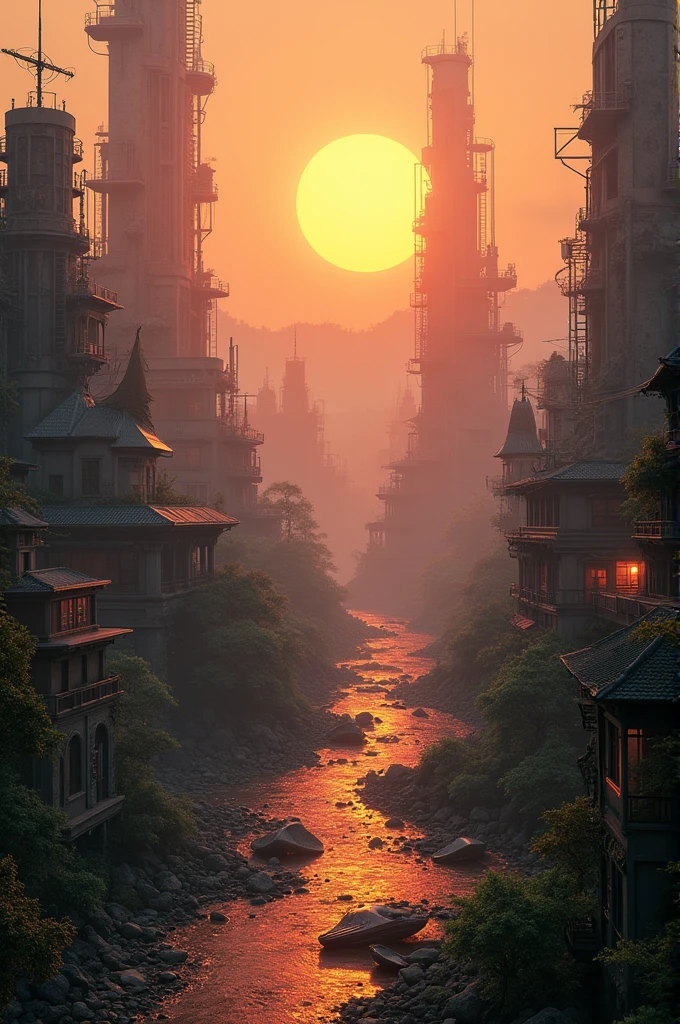 Beautiful, Masterpiece, Best Quality, Create a game environment for a futuristic, war-damaged city where advanced technology and old traditional architecture blend together. The scene should feature destroyed buildings, remnants of high-tech machinery, and elements of fantasy, all mixed with realism. Overgrown nature and damaged rainforests should be reclaiming parts of the city, with dark, dystopian zones indicating drug mafia strongholds and areas affected by nuclear fallout. The climate is a sunrise setting, casting an eerie, warm glow over the scene, creating a dangerous yet captivating atmosphere perfect for a shooting game centered on gang wars, where clans fight for control area by area.