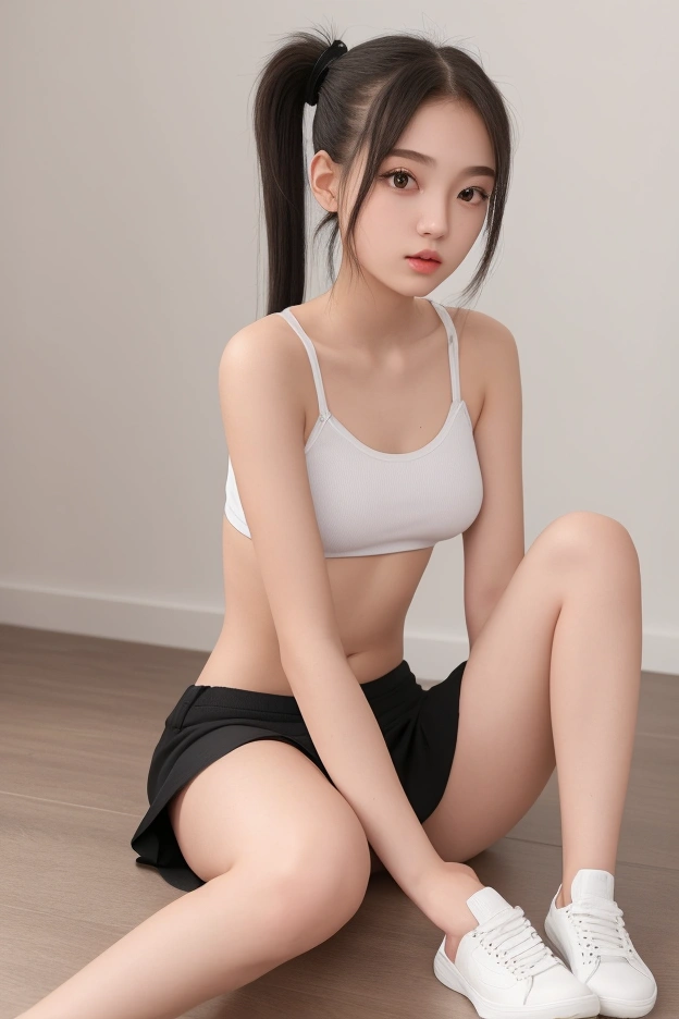 Cute 18-year-old girl, god, Short Girl, A slim body, Revealing clothing, Cute clothes, skimpy clothes, detailed face, beautiful eyes, long eyelashes, cute expression, Minimalist interior, dark-toned interior, photorealistic, 4K, high quality, hairstyle two ponytails, Short skirt, sneakers, sitting on the floor, front view,