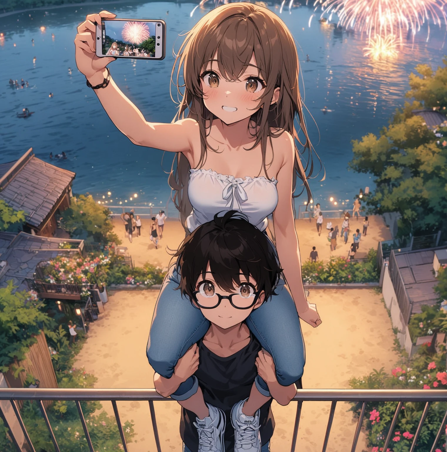 Best quality, masterpiece, shoulder carry, boy wearing glasses carry young woman on shoulders while she takes pictures with phone, from above, balcony, railing, looking down at river, very long hair, brown hair, swept bangs, brown eyes, strapless white shirt with black string, jeans, sneakers, small breasts, tropical plants, sandy path, neighborhood, flowers, fence, trees, river, fireworks, festival, people in background, night,