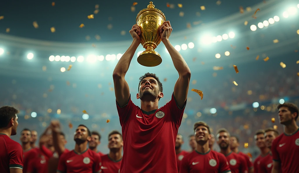 /imagine prompt: Realistic, massive stadium at night filled with an ecstatic crowd, illuminated by bright stadium lights. A 25-year-old soccer player stands in the center, holding a prestigious golden trophy high as golden confetti rains down. His teammates surround him, celebrating with unrestrained joy, but the camera zooms in on his face, revealing tears in his eyes. The noise of the cheering crowd fades into the background, leaving a moment of deep introspection and the weight of sacrifices made: Unreal Engine, hyper-realistic —ar 16:9