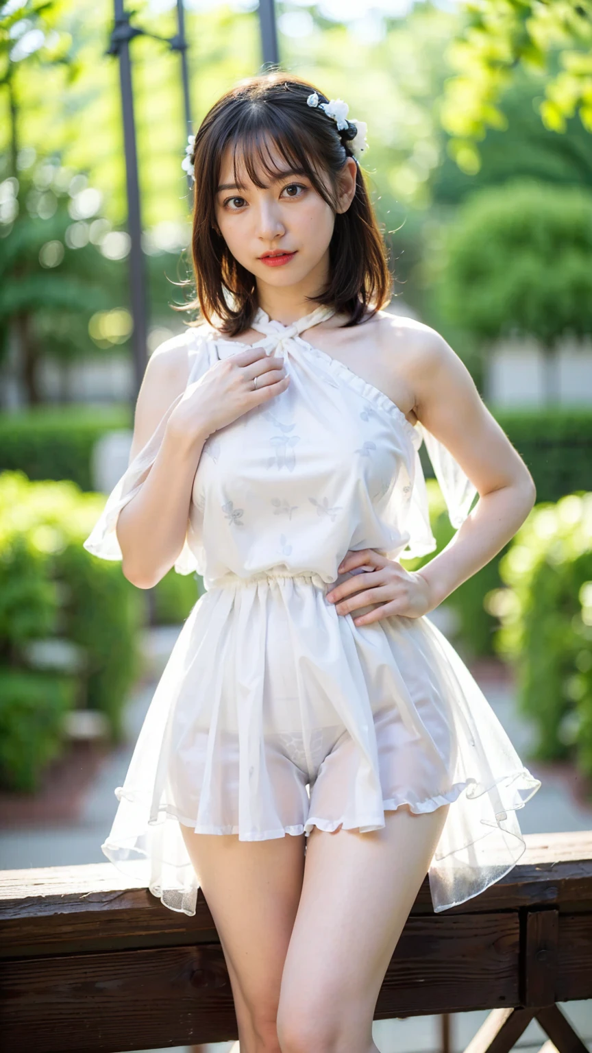 (8k、RAW Photos、Highest quality、masterpiece:1.2)、(Realistic、Realistic)、1 person、((black and white party dress、See-through、Frills、Shoulder visible、garden、Breast enlargement、boots、ribbon、Thin legs、whole body、View from the front、Looking into the camera、Stand with hands on hips))、cute