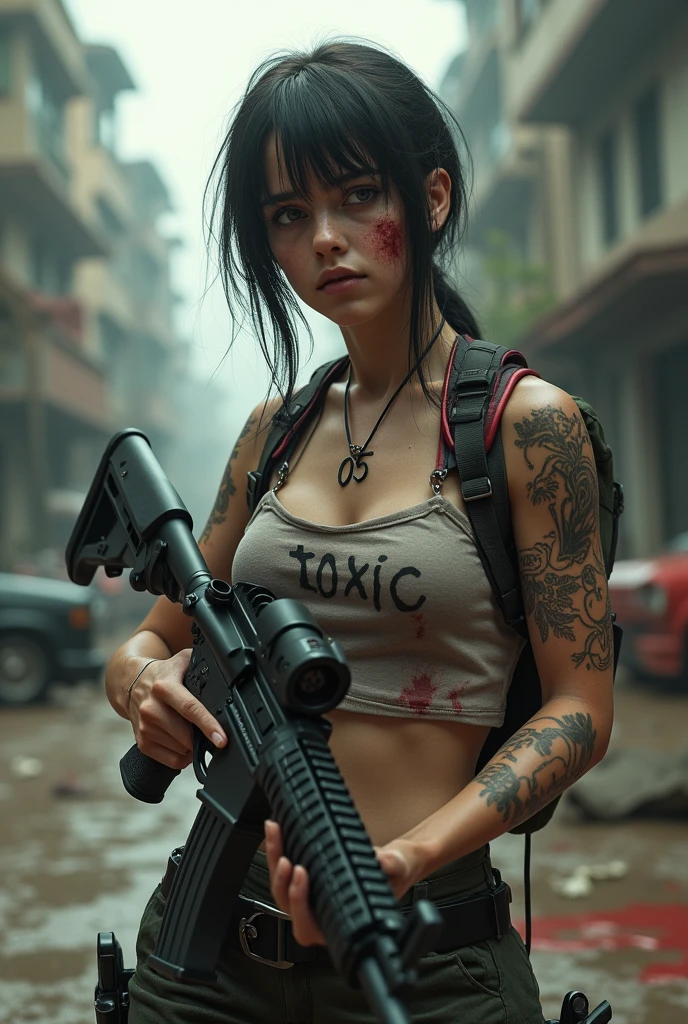 A toxic wounded girl who have toxic printed on his chest and 05 on his neck holding m416 gun in infected area . Ensure that tatoo are shown clearly.