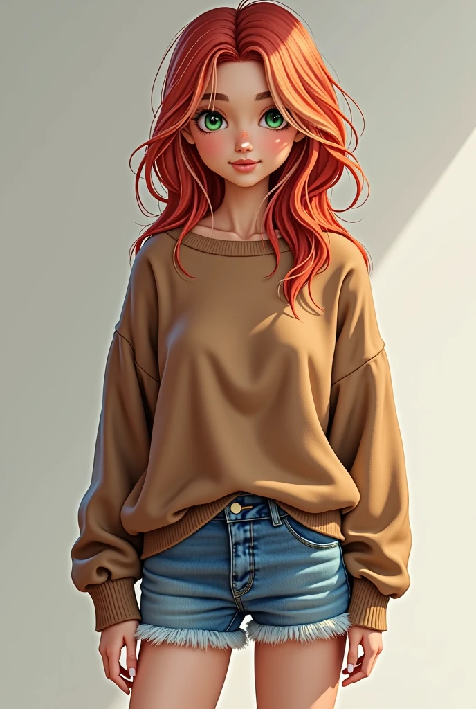 A 19-year-old woman with a round, ruddy face, white-streaked red hair, and emerald green eyes wearing a brown sweater and denim shorts with white sneakers.