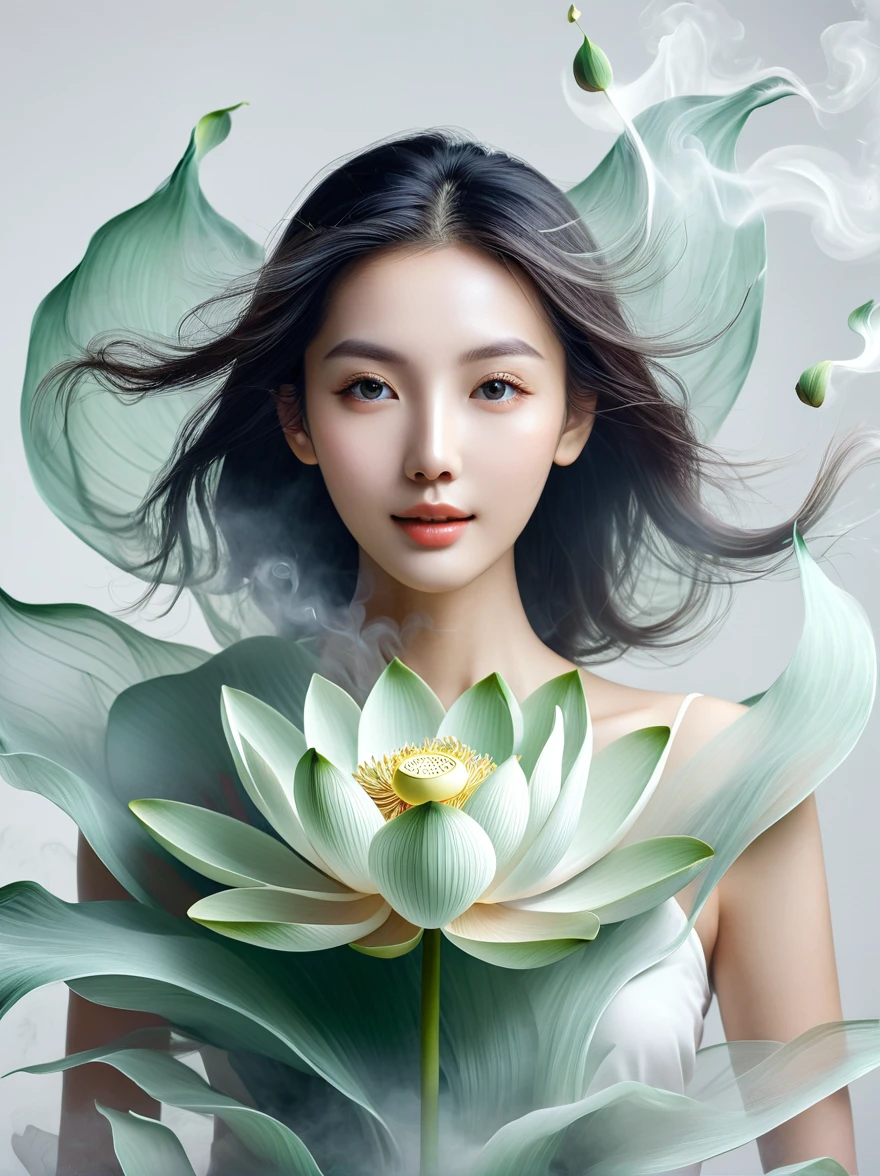 Light jade tone,simple white background, minimalist, elegant, pure gentle, soft light, photorealistic. Hypergiant lotus with huge and long petals. (petal made of thin and soft tulle, flowing petals full background, floating petals, hyperflying petals, Smoke and petal effect mix). Beautiful woman (Ultra detailed face, hyperrealistic) posing with this lotus, woman and lotus center in photo, woman looking at viewer Information