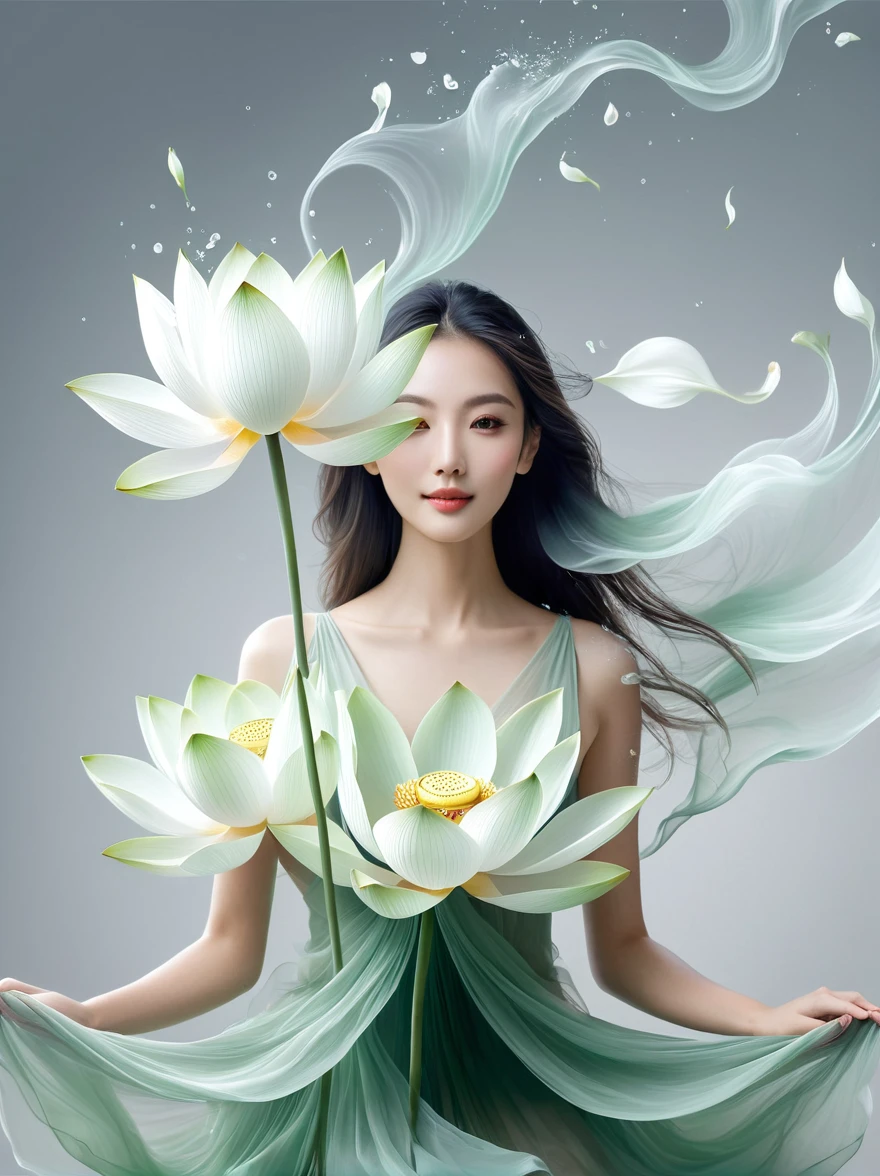 Light jade tone,simple white background, minimalist, elegant, pure gentle, soft light, photorealistic. Hypergiant lotus with huge and long petals. (petal made of thin and soft tulle, flowing petals full background, floating petals, hyperflying petals, Smoke and petal effect mix). Beautiful woman (Ultra detailed face, hyperrealistic) posing with this lotus, woman and lotus center in photo, woman looking at viewer Information