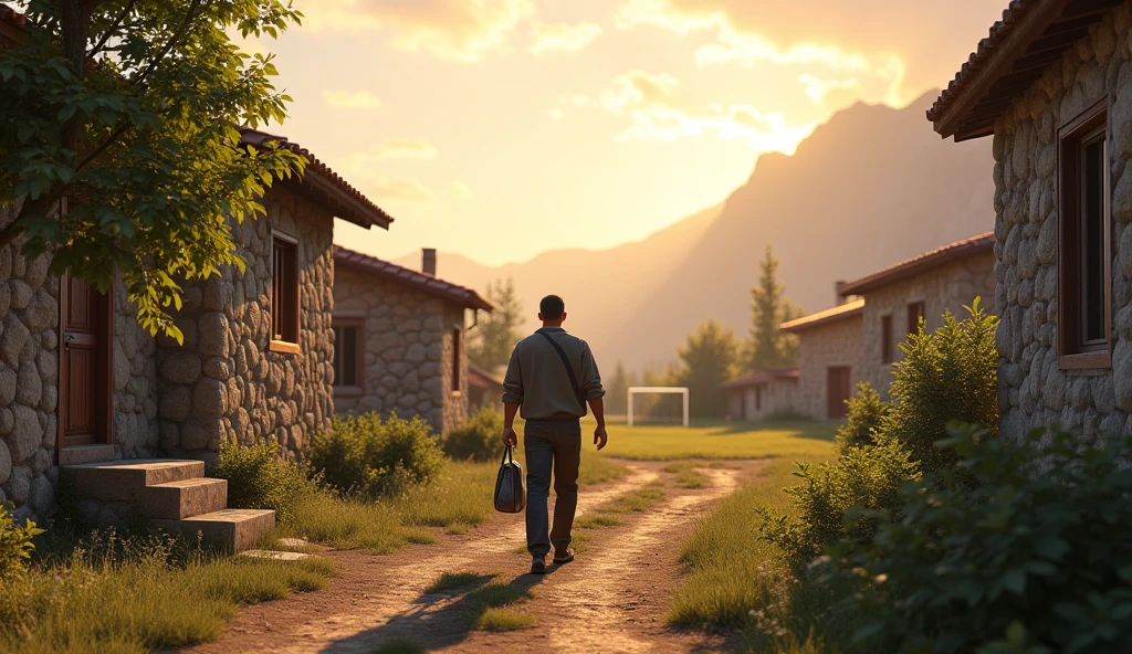 /imagine prompt: Realistic, peaceful dawn in a small mountain village, with soft morning light bathing the scene. A 30-year-old man walks down a familiar dirt path, passing by the modest stone houses and the simple soccer field where he first played as a child. He carries a small bag over his shoulder, dressed casually, and the atmosphere is calm and reflective, capturing the beauty of returning to one’s roots: Unreal Engine, hyper-realistic —ar 16:9