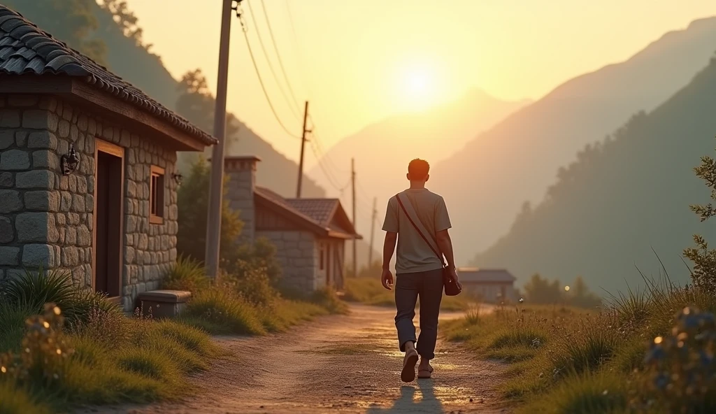 /imagine prompt: Realistic, peaceful dawn in a small mountain village, with soft morning light bathing the scene. A 30-year-old man walks down a familiar dirt path, passing by the modest stone houses and the simple soccer field where he first played as a child. He carries a small bag over his shoulder, dressed casually, and the atmosphere is calm and reflective, capturing the beauty of returning to one’s roots: Unreal Engine, hyper-realistic —ar 16:9