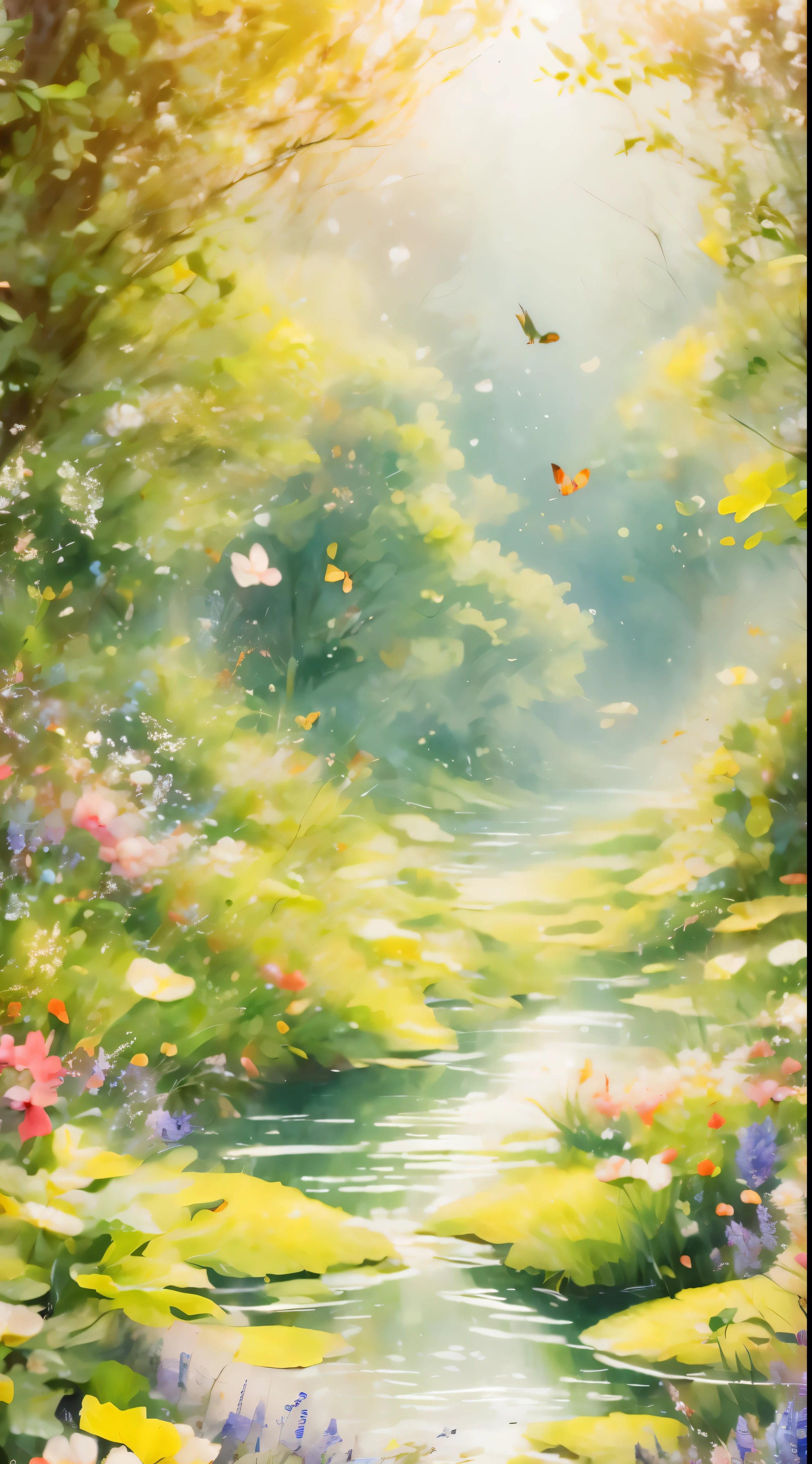 Spring in the forest,Full of beautiful flowers, Autumn season, Soft colors and a dreamy atmosphere, Butterflies are flying, Bird drinking water.