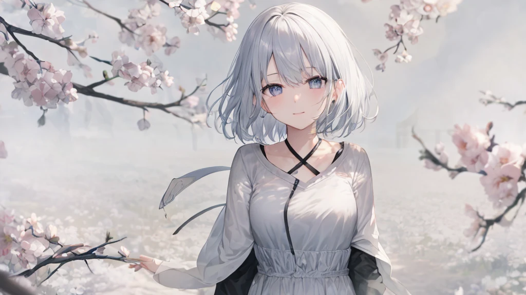 Open your mouth、Flower Field、Her eyes were shining、Mysterious and enchanting atmosphere。With AI Painting、とてもshort hair, Long bangs between the eyes, Very detailed,(masterpiece、Highest quality)、alone、Gray Hair、Fantasy, Silver Hair, Fantasyな風景、smile、Open your mouth、short hair、short hair、hairpin、black eye、Grey Eyes、Beautiful Eyes、Black Shirt、White hoodie
